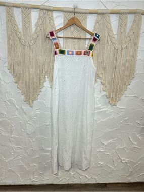 Vintage Vibe Crochet Granny Square Eyelet Lace Midi Maxi Dress White Size Large